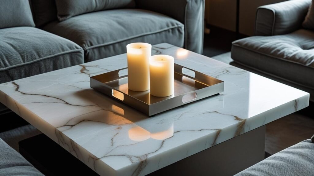 tray on a square marble coffee table